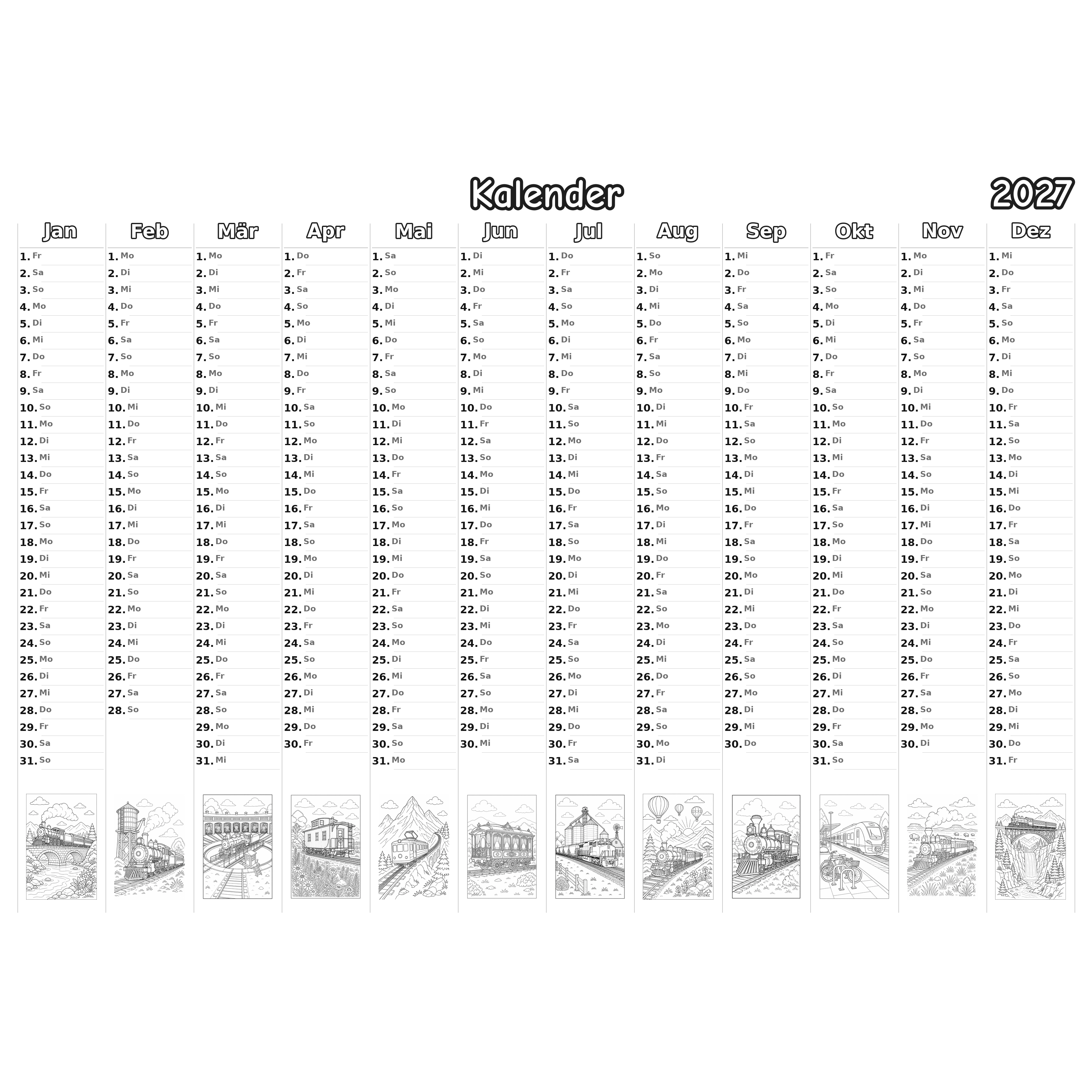 trains_medium Kalender 2027 Ausmalen