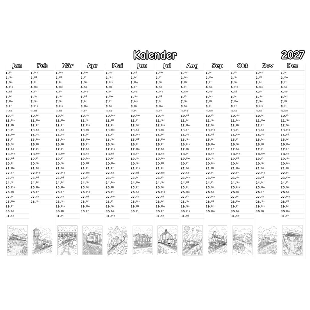 trains_medium Kalender 2027 Ausmalen