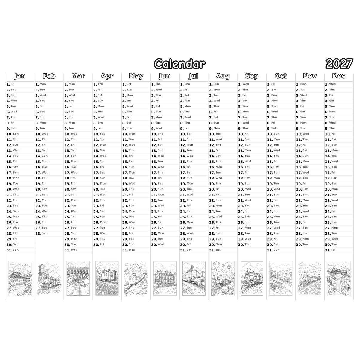 trains_medium Kalender 2027 Ausmalen