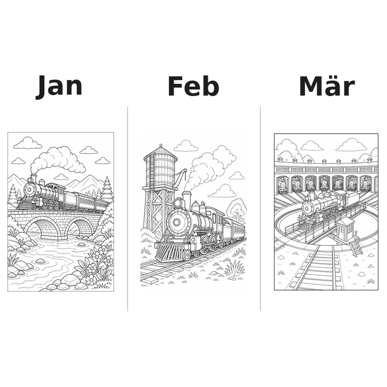 trains_medium Kalender 2027 Motive Ausmalen 1