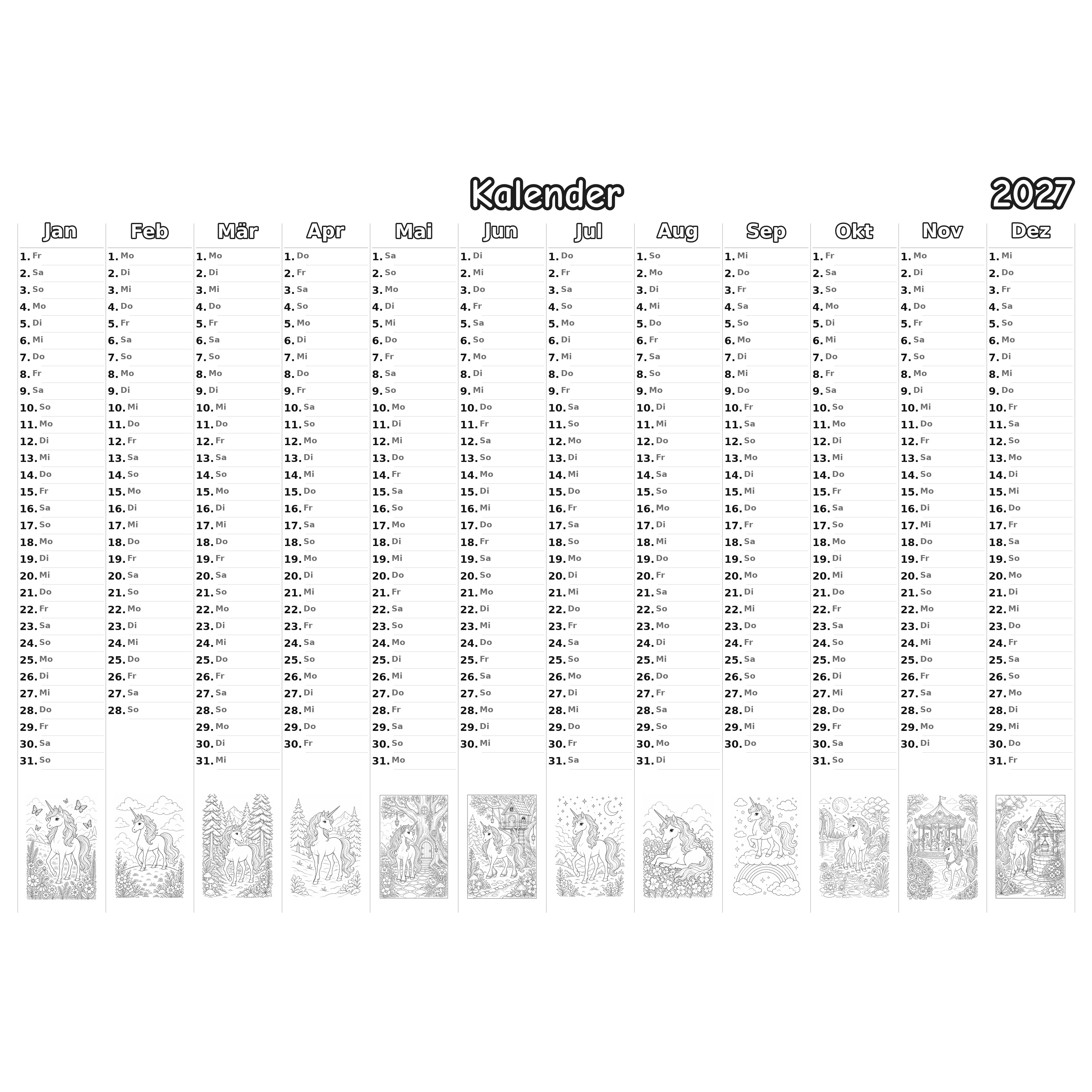 unicorns Kalender 2027 Ausmalen