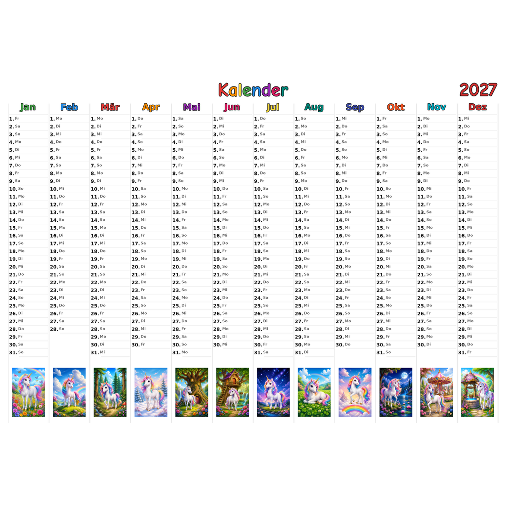 unicorns Kalender 2027 ausgemalt