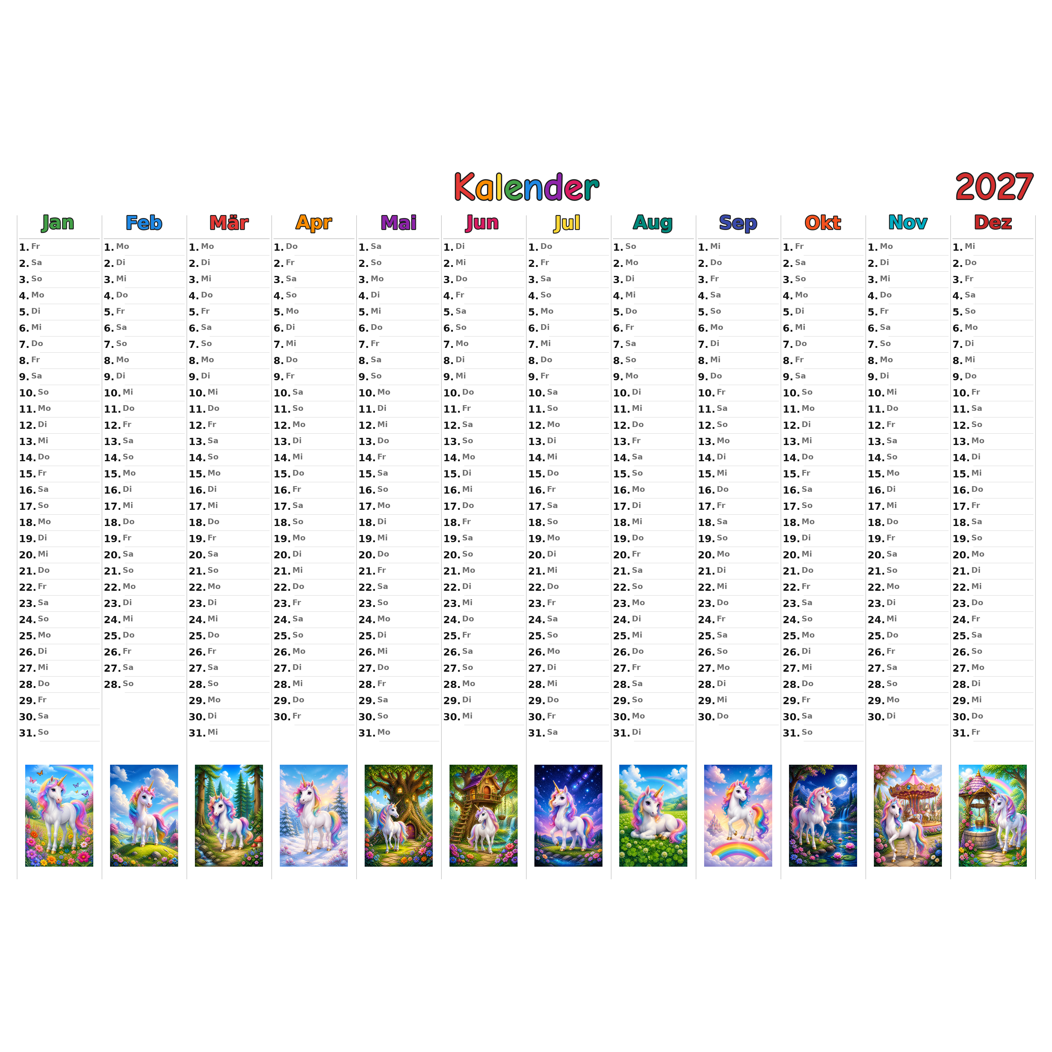 unicorns Kalender 2027 ausgemalt