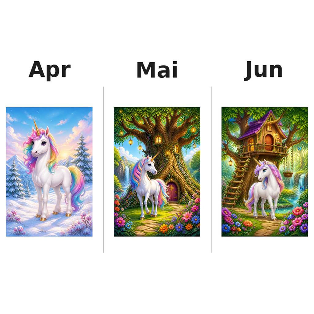 unicorns Kalender 2027 Motive ausgemalt 2