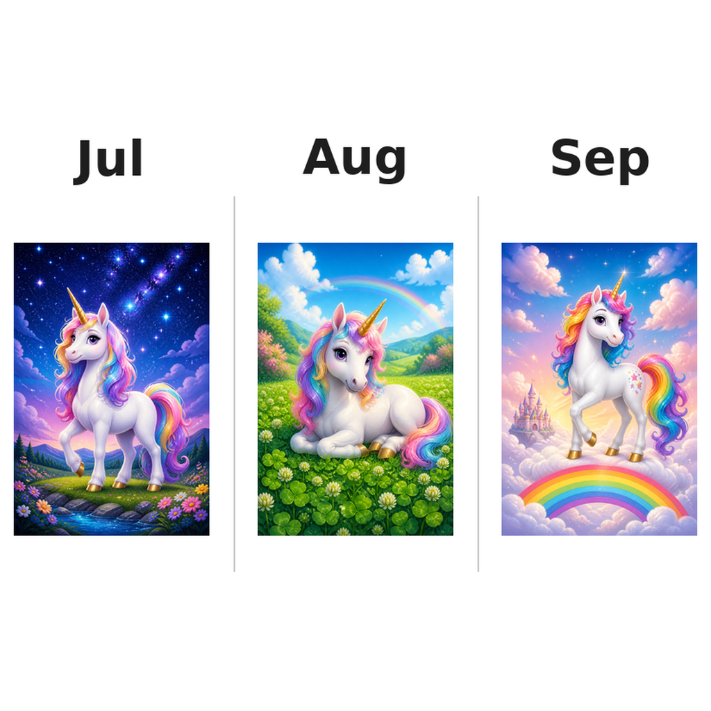 unicorns Kalender 2027 Motive ausgemalt 3