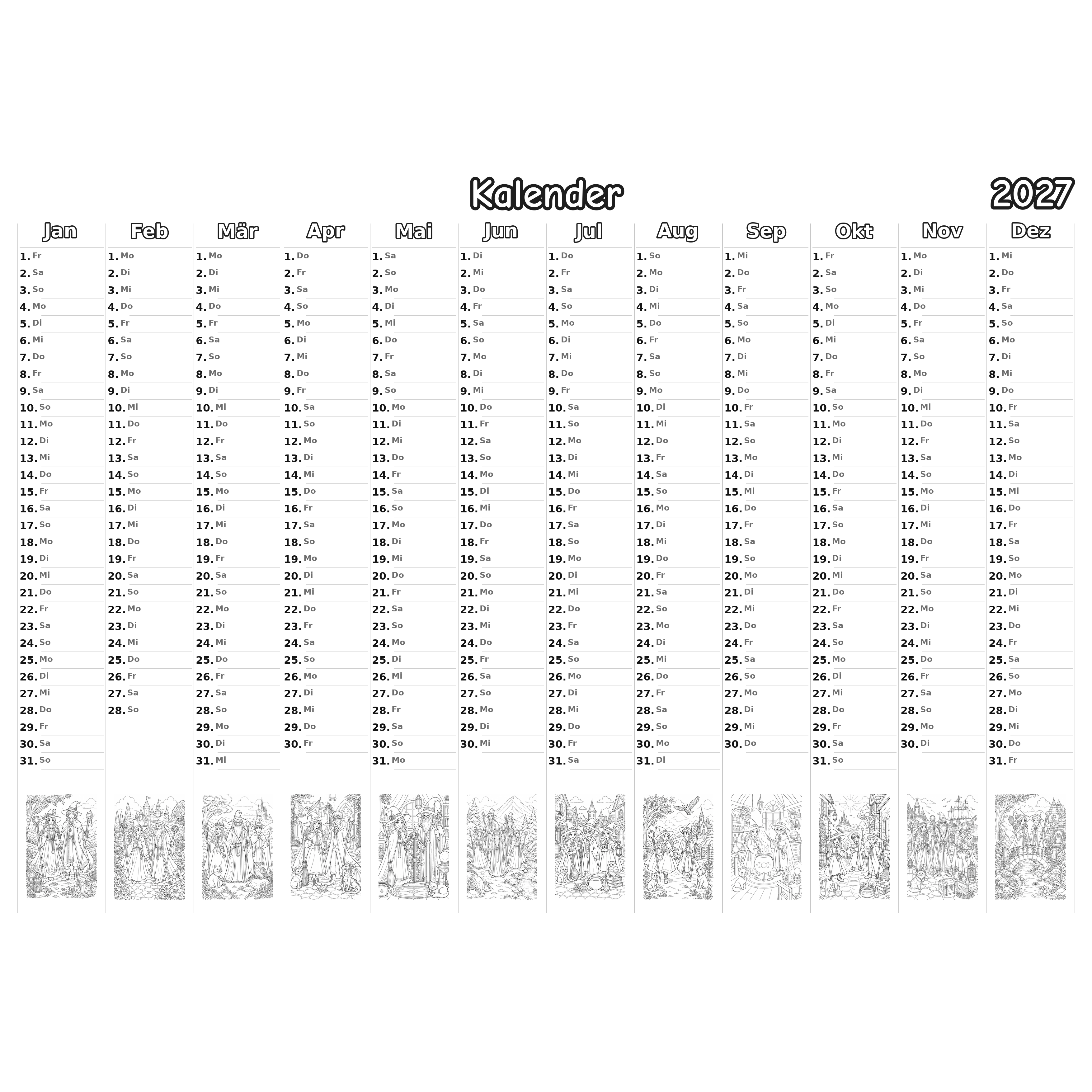 witches_and_wizards Kalender 2027 Ausmalen