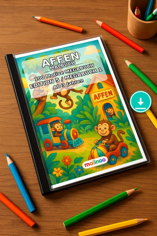 Affen Malbuch 100 Ausmalbilder PDF Download – Mockup-Ansicht