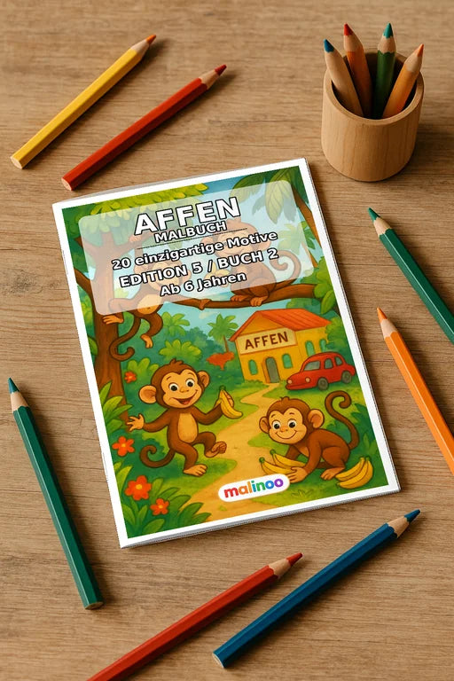 Affen Malbuch 20 Ausmalbilder gedruckt+gebunden – Mockup-Ansicht