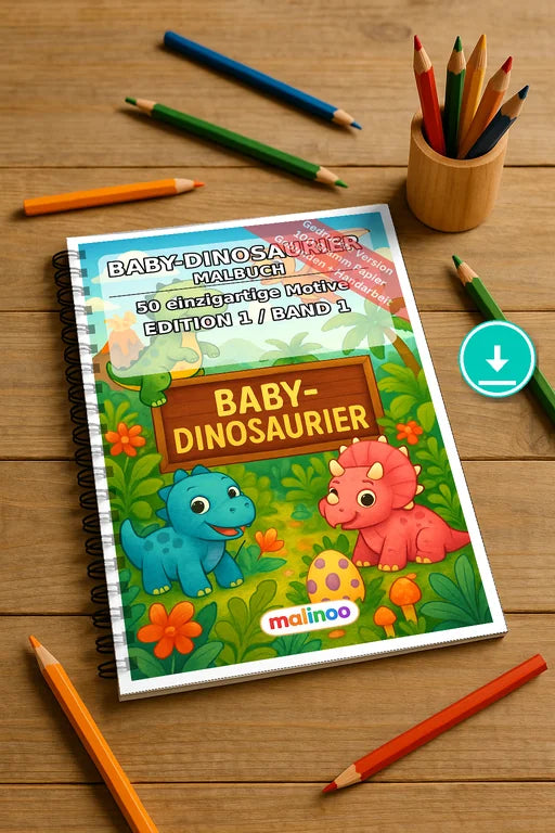 Baby-Dinosaurier Malbuch 50 Ausmalbilder PDF Download digital – Mockup-Ansicht