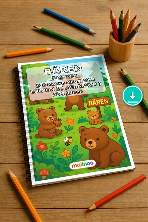 Bären Malbuch 100 Ausmalbilder PDF Download digital – Mockup-Ansicht