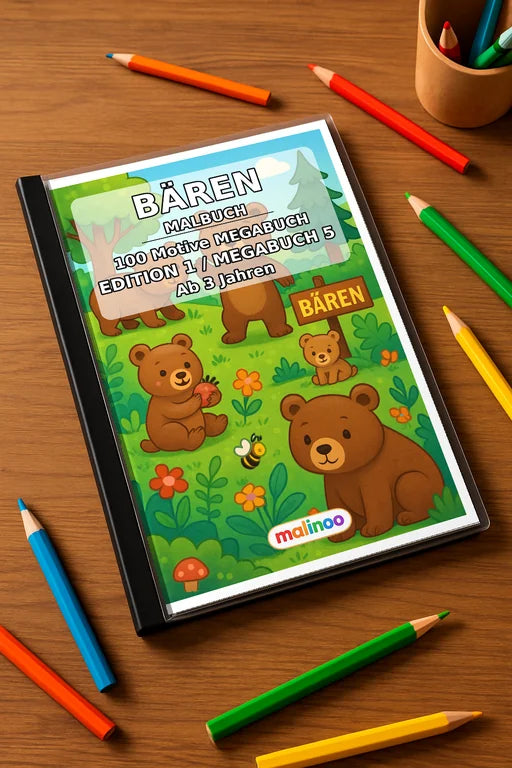 Bären Malbuch 100 Ausmalbilder gedruckt+gebunden – Mockup-Ansicht
