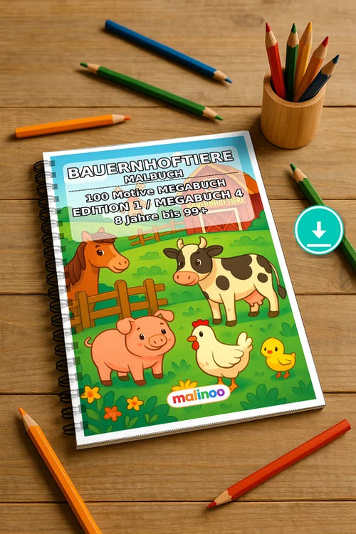 Bauernhof Malbuch 100 Ausmalbilder PDF Download digital – Mockup-Ansicht