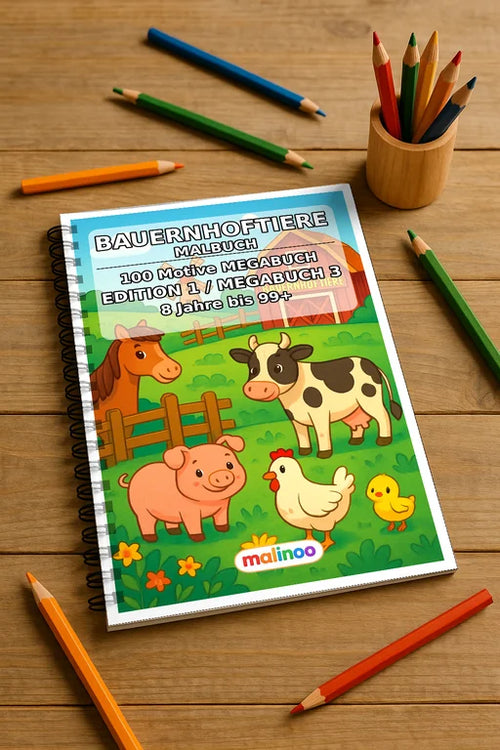 Bauernhof Malbuch 100 Ausmalbilder gedruckt und gebunden – Mockup-Ansicht