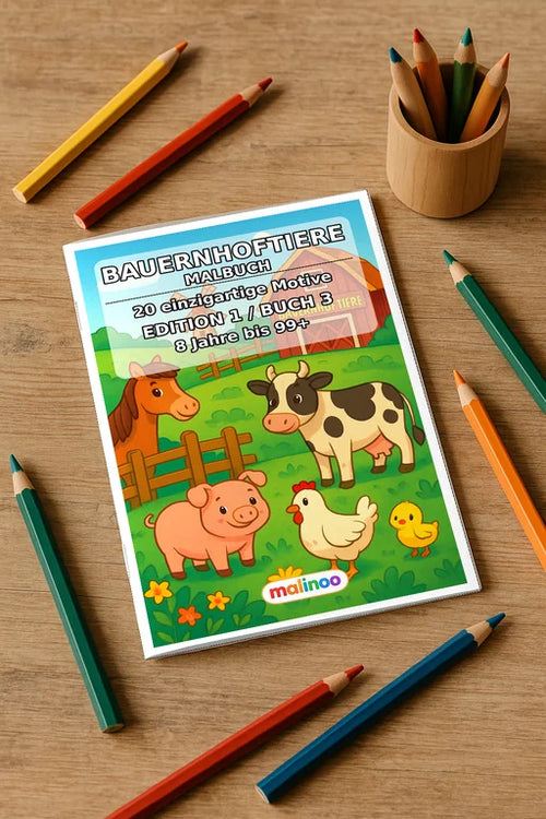 Bauernhof Malbuch 20 Ausmalbilder gedruckt und gebunden – Mockup-Ansicht