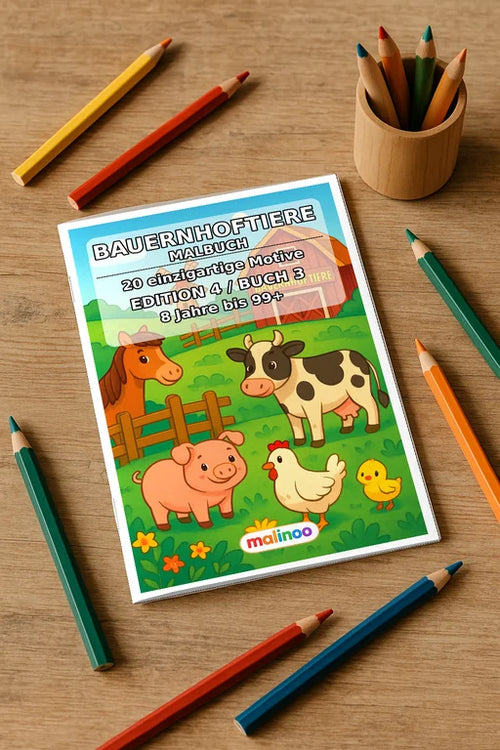 Bauernhof Malbuch 20 Ausmalbilder gedruckt und gebunden – Mockup-Ansicht
