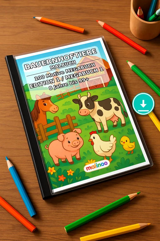Bauernhoftiere Malbuch 100 Ausmalbilder PDF Download – Mockup-Ansicht