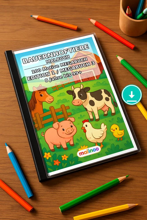 Bauernhoftiere Malbuch 100 Ausmalbilder PDF Download – Mockup-Ansicht