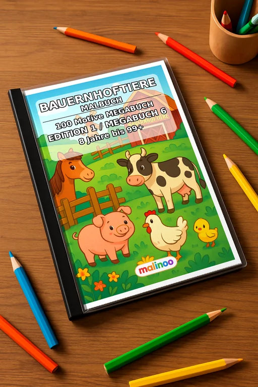 Bauernhoftiere Malbuch 100 Ausmalbilder gedruckt+gebunden – Mockup-Ansicht