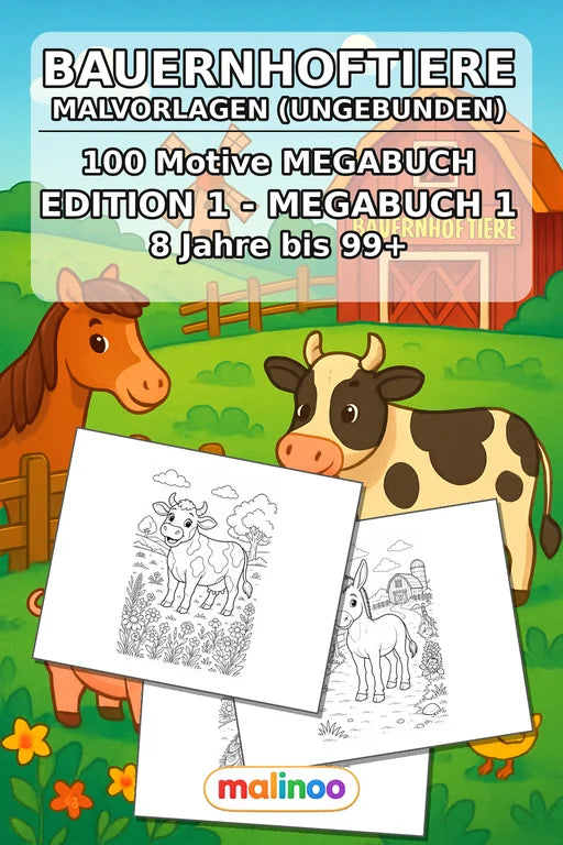 Bauernhoftiere Malbuch 100 Ausmalbilder gedruckt+lose – Cover