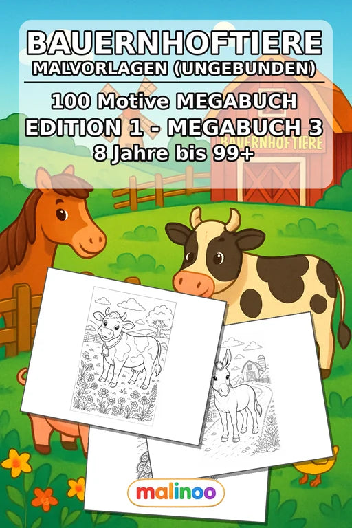 Bauernhoftiere Malbuch 100 Ausmalbilder gedruckt+lose – Cover