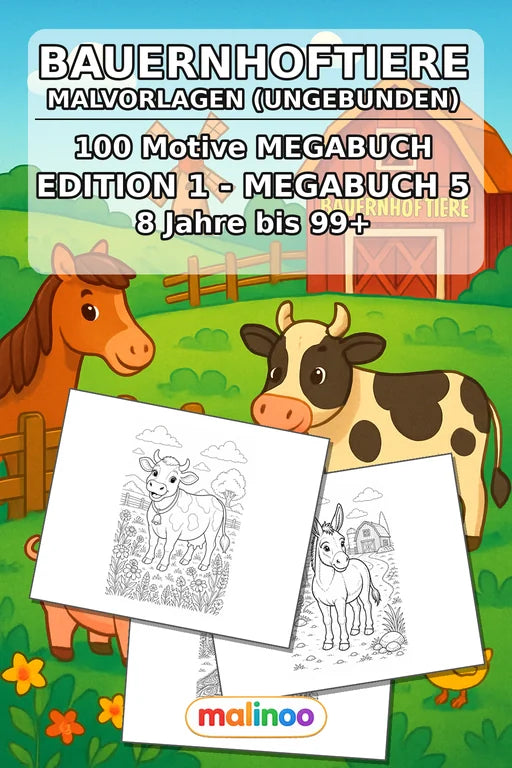 Bauernhoftiere Malbuch 100 Ausmalbilder gedruckt+lose – Cover