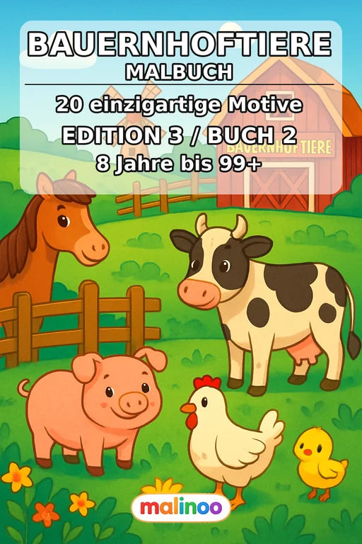 Bauernhoftiere Malbuch 20 Ausmalbilder gedruckt+gebunden – Cover