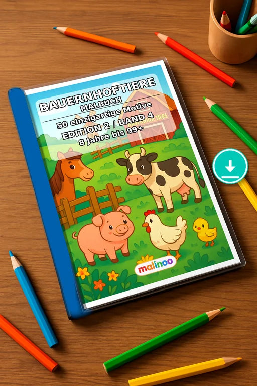 Bauernhoftiere Malbuch 50 Ausmalbilder PDF Download – Mockup-Ansicht