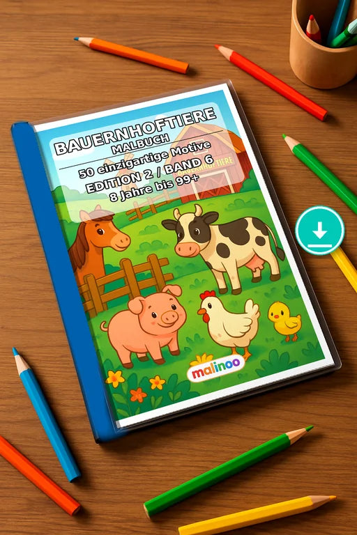 Bauernhoftiere Malbuch 50 Ausmalbilder PDF Download – Mockup-Ansicht