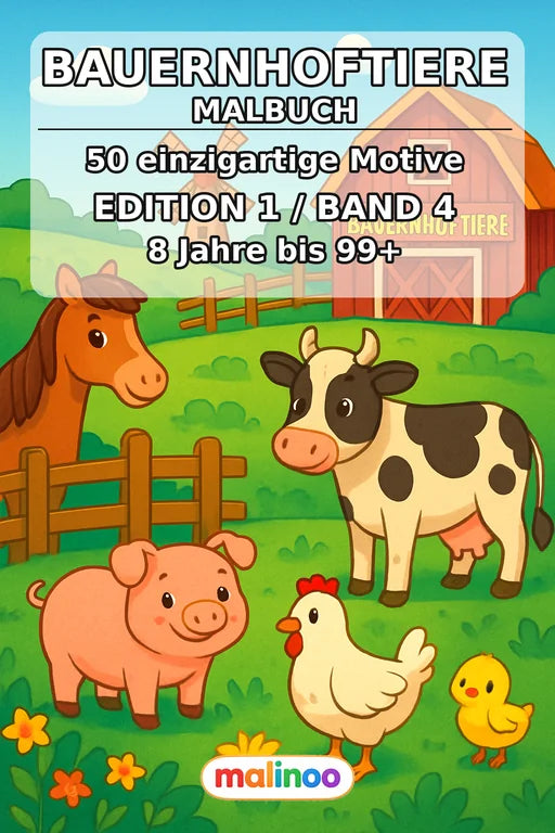 Bauernhoftiere Malbuch 50 Ausmalbilder gedruckt+gebunden – Cover