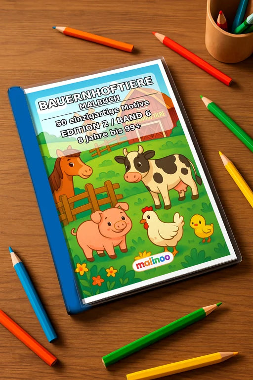 Bauernhoftiere Malbuch 50 Ausmalbilder gedruckt+gebunden – Mockup-Ansicht