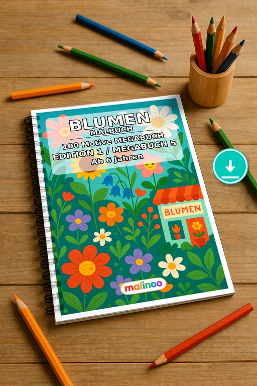 Blumen Malbuch 100 Ausmalbilder PDF Download – Mockup-Ansicht