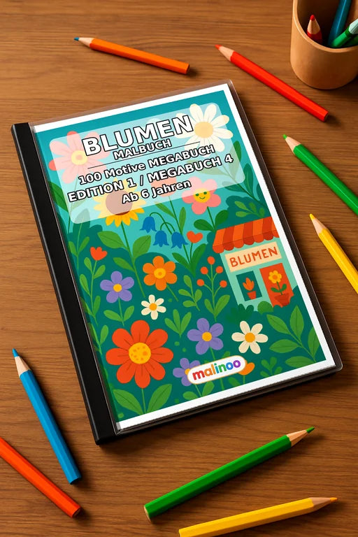 Blumen Malbuch 100 Ausmalbilder gedruckt+gebunden – Mockup-Ansicht