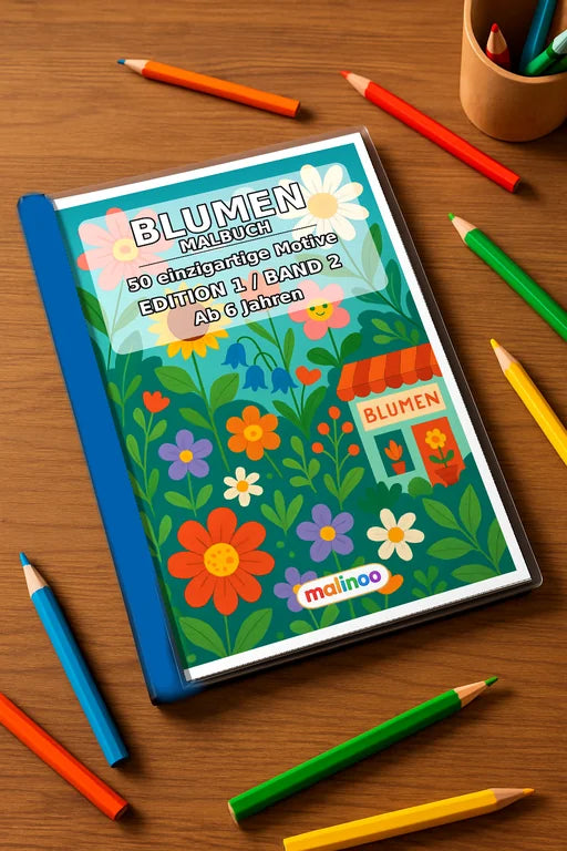 Blumen Malbuch 50 Ausmalbilder gedruckt+gebunden – Mockup-Ansicht