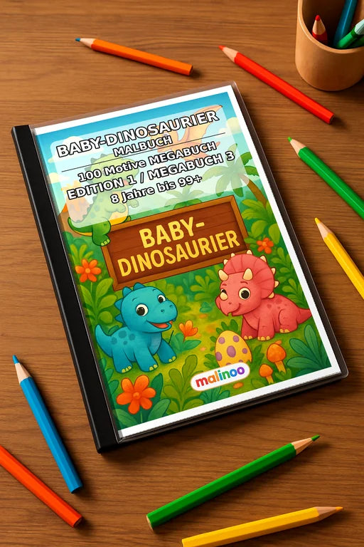 Dino-Babys Malbuch 100 Ausmalbilder gedruckt+gebunden – Mockup-Ansicht