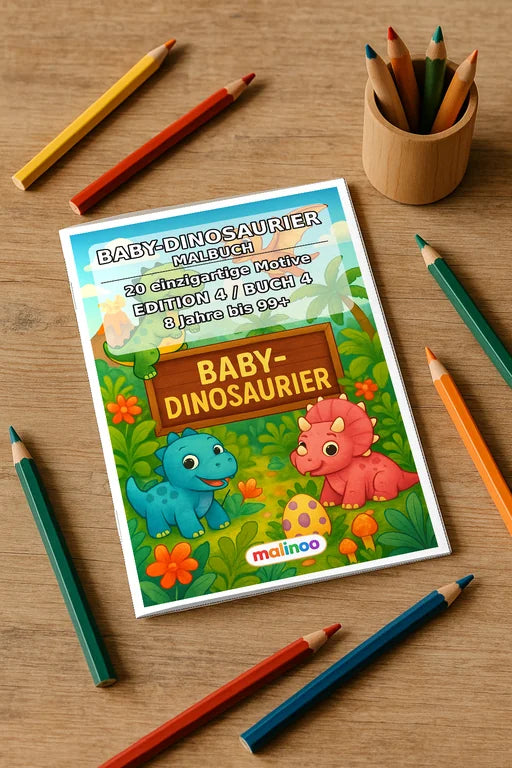 Dino-Babys Malbuch 20 Ausmalbilder gedruckt+gebunden – Mockup-Ansicht