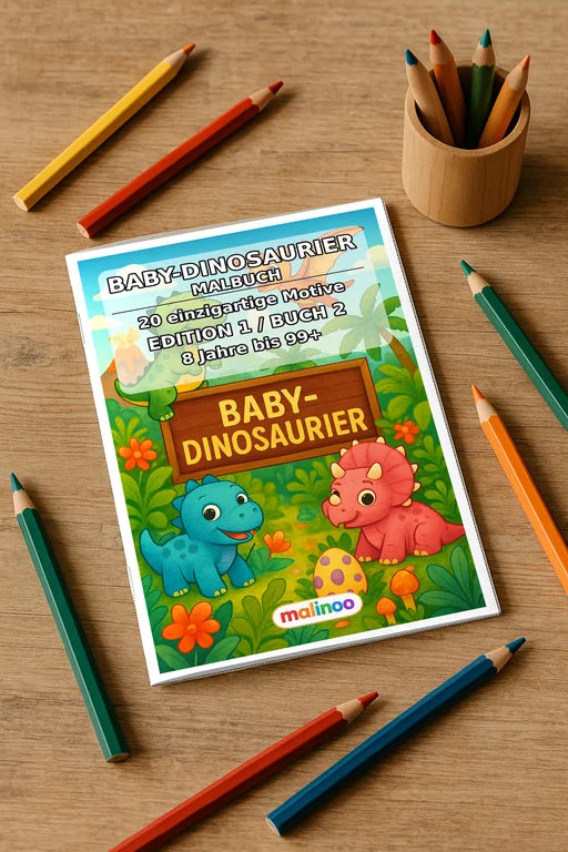 Dino-Babys Malbuch 20 Ausmalbilder gedruckt+gebunden – Mockup-Ansicht