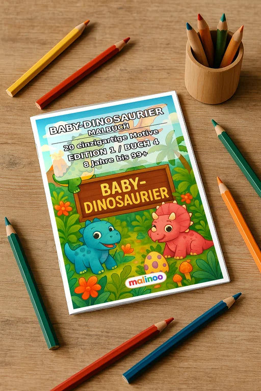 Dino-Babys Malbuch 20 Ausmalbilder gedruckt+gebunden – Mockup-Ansicht