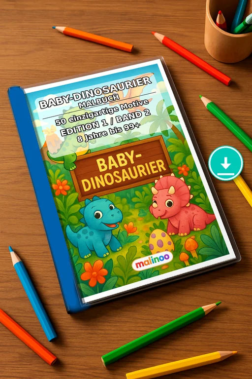 Dino-Babys Malbuch 50 Ausmalbilder PDF Download – Mockup-Ansicht