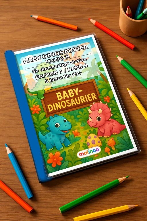 Dino-Babys Malbuch 50 Ausmalbilder gedruckt+gebunden – Mockup-Ansicht