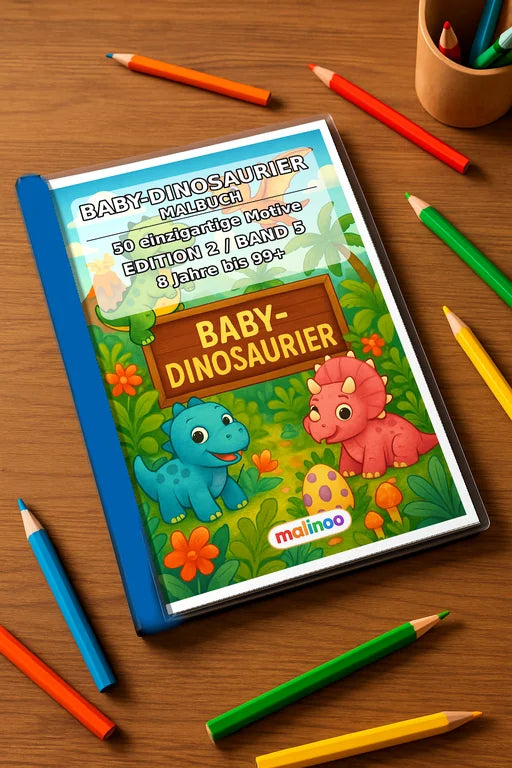 Dino-Babys Malbuch 50 Ausmalbilder gedruckt+gebunden – Mockup-Ansicht