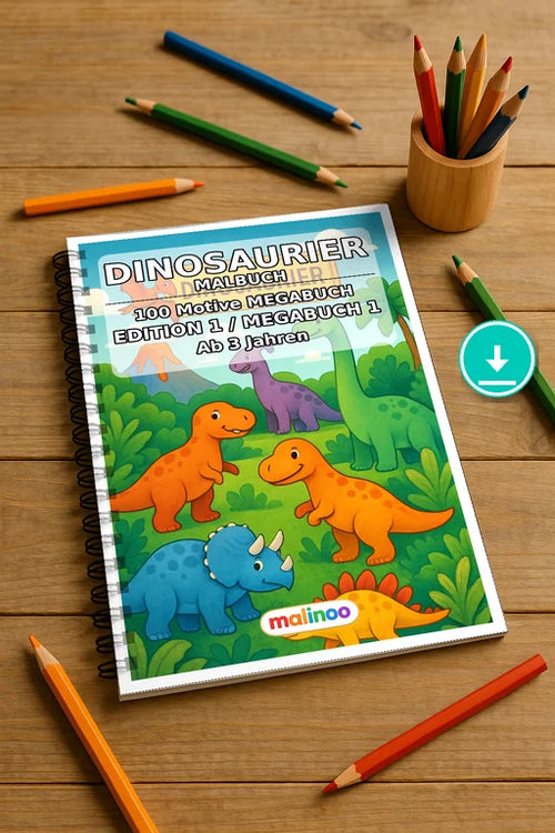 Dinosaurier Malbuch 100 Ausmalbilder PDF Download digital – Mockup-Ansicht