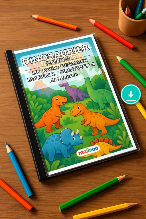 Dinosaurier Malbuch 100 Ausmalbilder PDF Download – Mockup-Ansicht