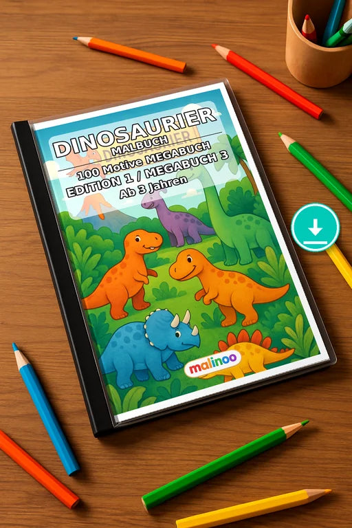 Dinosaurier Malbuch 100 Ausmalbilder PDF Download – Mockup-Ansicht