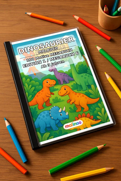 Dinosaurier Malbuch 100 Ausmalbilder gedruckt+gebunden – Mockup-Ansicht