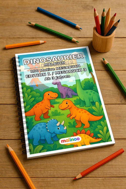 Dinosaurier Malbuch 100 Ausmalbilder gedruckt und gebunden – Mockup-Ansicht