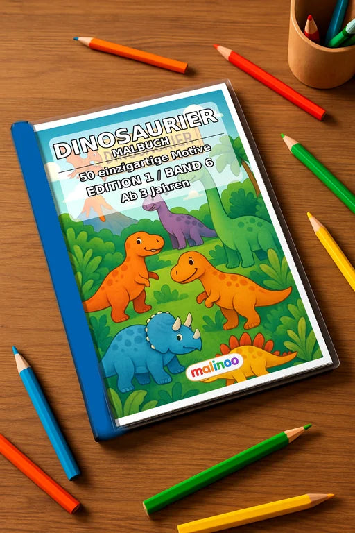Dinosaurier Malbuch 50 Ausmalbilder gedruckt+gebunden – Mockup-Ansicht