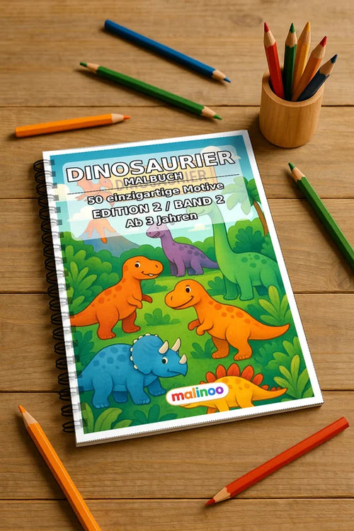 Dinosaurier Malbuch 50 Ausmalbilder gedruckt und gebunden – Mockup-Ansicht