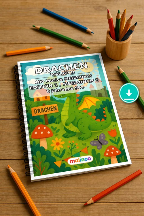 Drachen Malbuch 100 Ausmalbilder PDF Download digital – Mockup-Ansicht