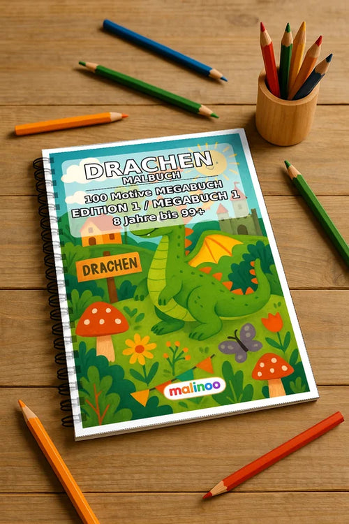 Drachen Malbuch 100 Ausmalbilder gedruckt und gebunden – Mockup-Ansicht