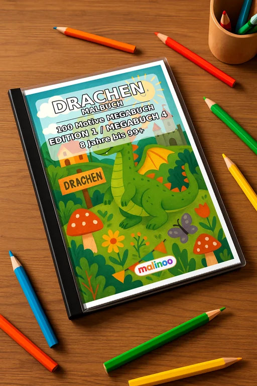 Drachen Malbuch 100 Ausmalbilder gedruckt+gebunden – Mockup-Ansicht